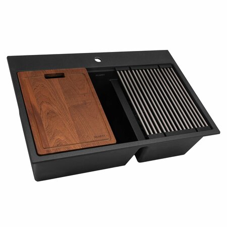 RUVATI 33-inch epiRock Workstation Charcoal Black Double Bowl Topmount Kitchen Sink RVG1327CK